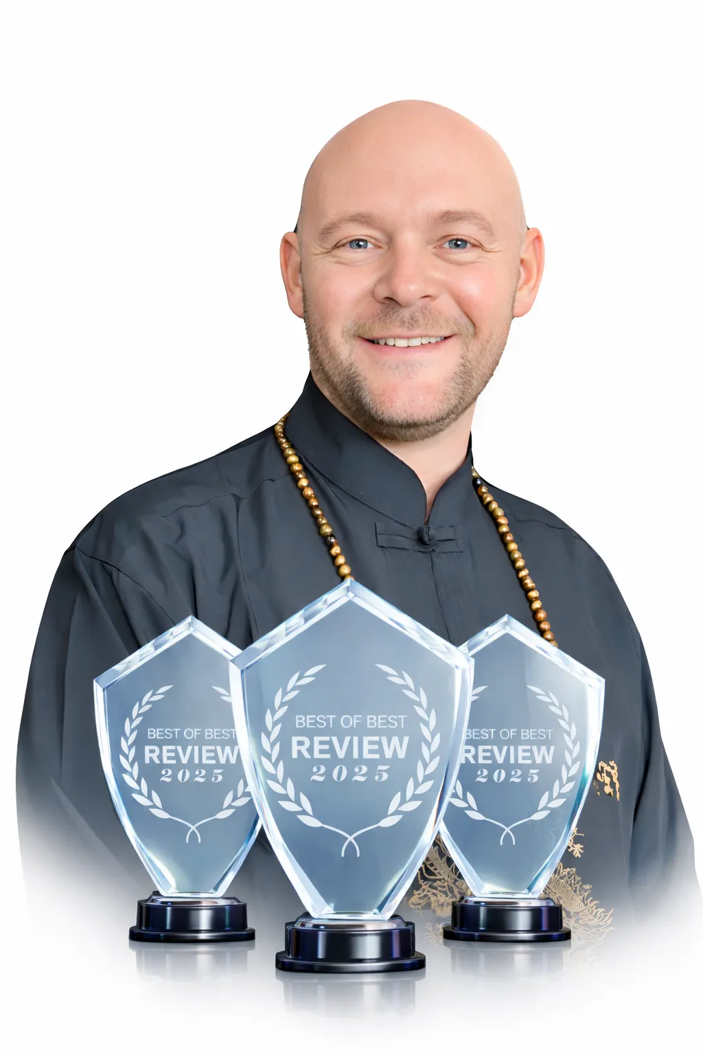 Baz Porter, The Prestige Architect and nervous system coach for high-achieving women executives, wearing traditional Chinese shirt with gold dragon embroidery