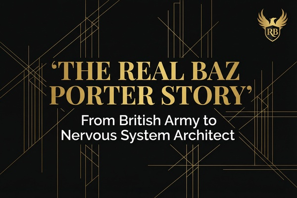 Baz Porter transformation journey from British Army veteran to transformational executive coach, showing his authentic story of military service leading to helping high-achieving women leaders break free from success prisons through the RAMS Method.