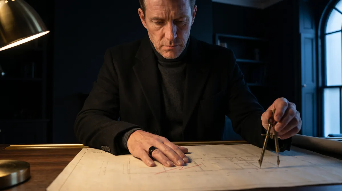 Baz Porter, founder of Sovereign Leadership Architecture, standing at a dark walnut drafting table reviewing an architectural blueprint in a dimly lit private study.