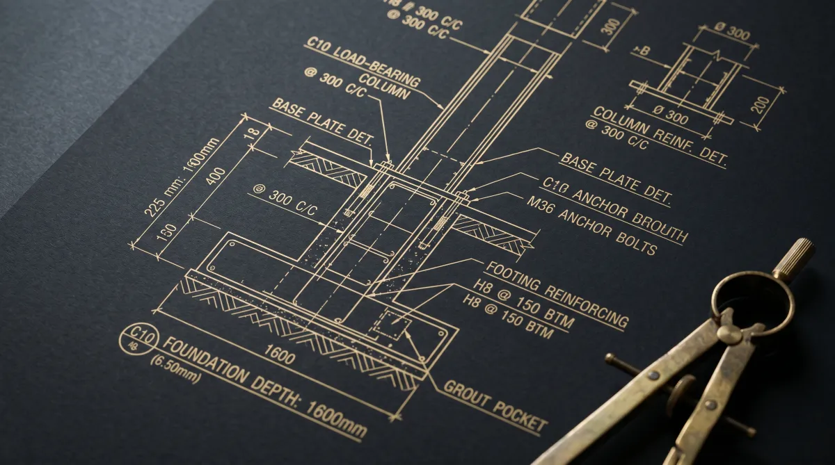 A partial architectural blueprint of a load-bearing structural column drawn in pale gold technical line work on deep matte charcoal, with a brass drafting compass resting in the corner.