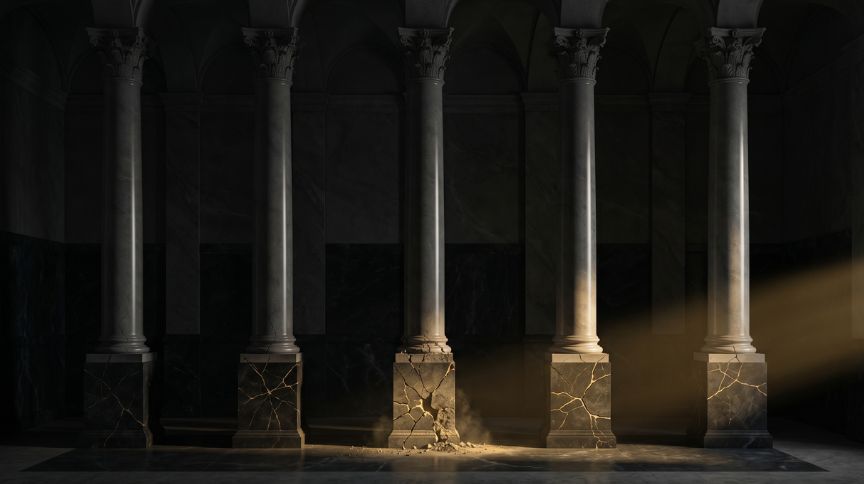 Five stone columns standing in a row inside a dark private hall, each one intact above and fractured at the foundation, lit by a single shaft of gold light catching the cracks at their base.