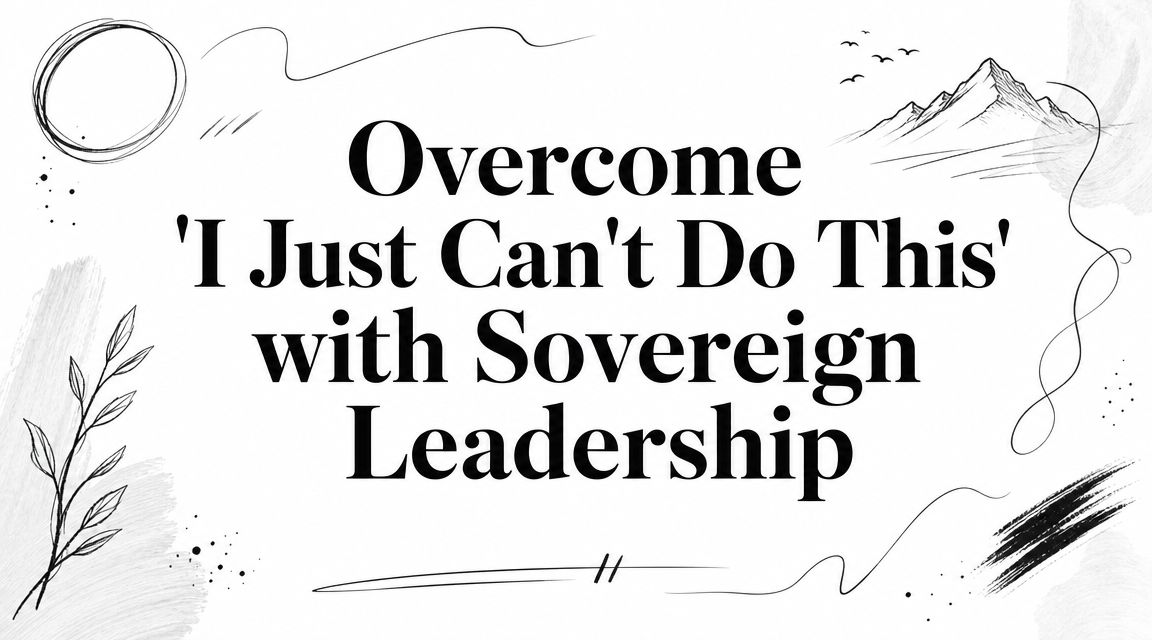 Title card reading "Overcome 'I Just Can't Do This' with Sovereign Leadership" in black serif type on white, framed by hand-drawn mountain, botanical, and brushstroke sketches.