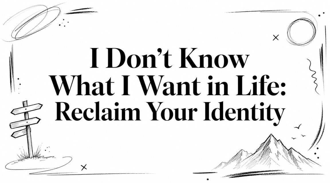 Title card reading "I Don't Know What I Want in Life: Reclaim Your Identity" in black serif type on white, framed by hand-drawn signpost, mountain, and circle sketches.