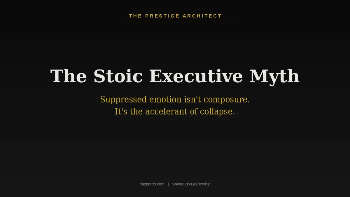 Stoic executive myth title card for calm high-performing leaders on emotional regulation and Sovereign Leadership