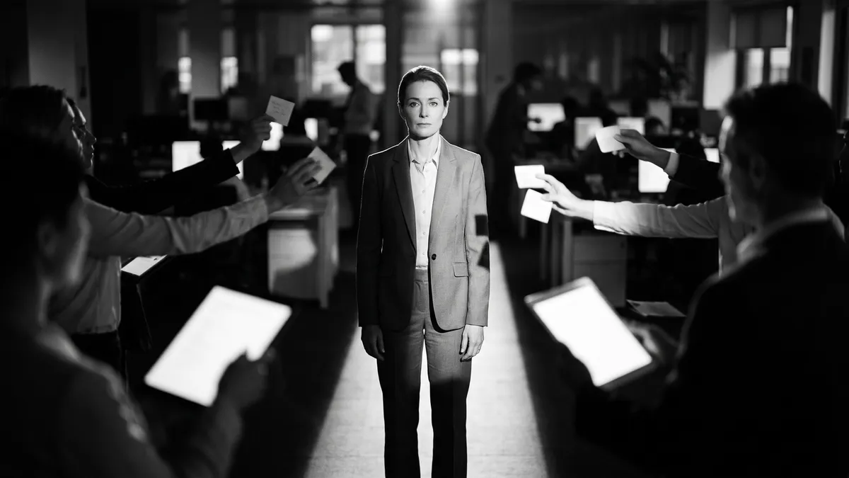 An accomplished leader standing still while colleagues, screens, and demands pull at them from every direction at once, the felt state of competing priorities and Silent Collapse.