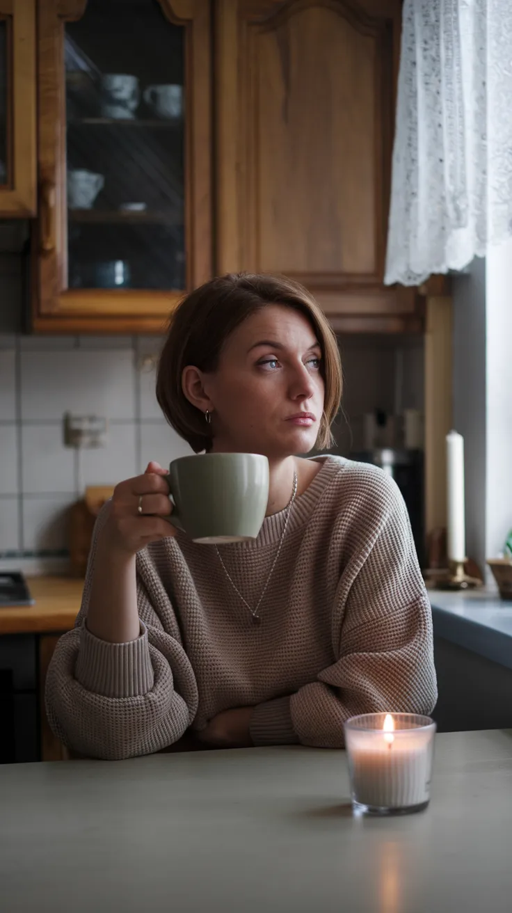  Successful yet exhausted woman sitting with coffee, contemplating work-life balance, emotional burnout, and the need for personal fulfillment.