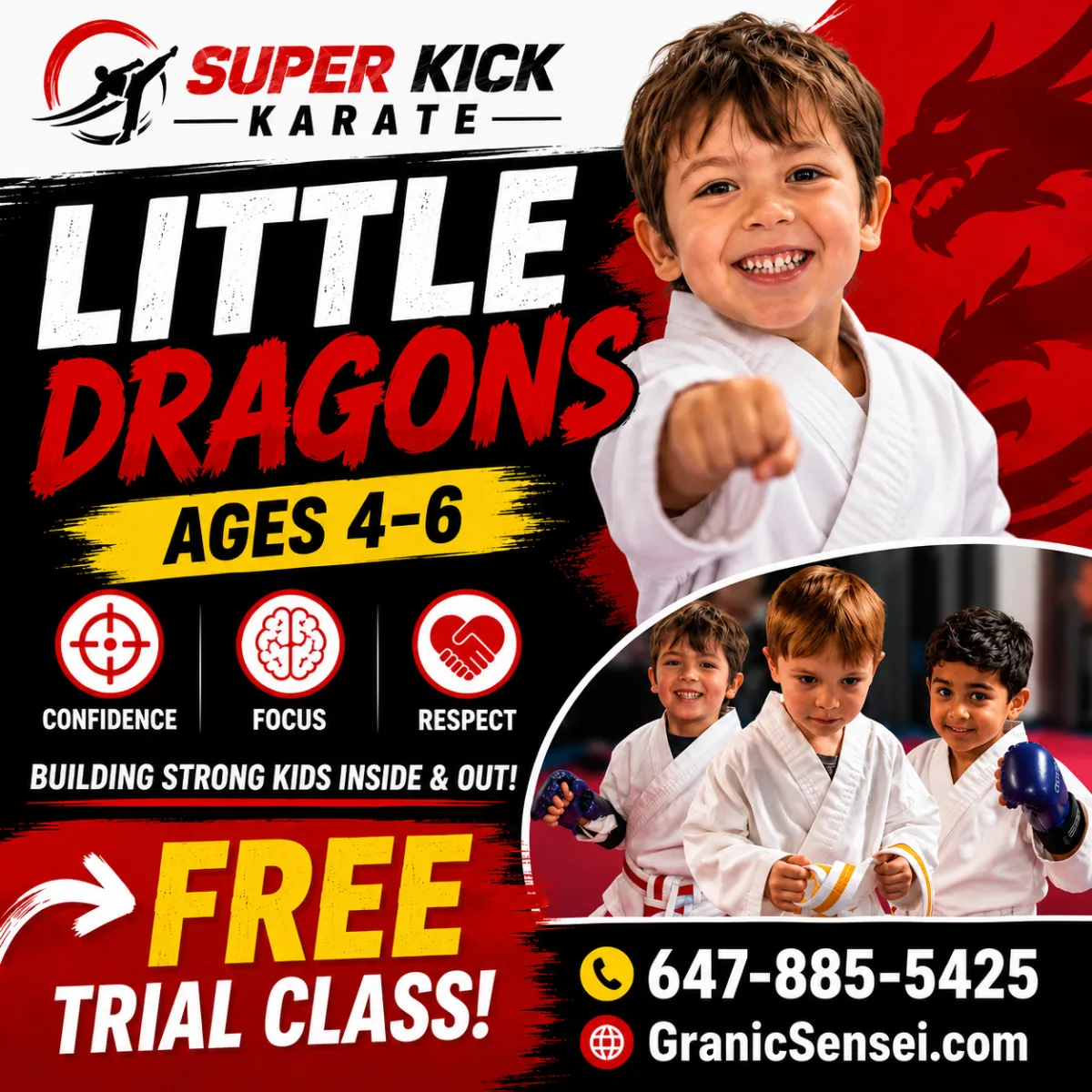 Placeholder for Little Dragons in class, smiling and training