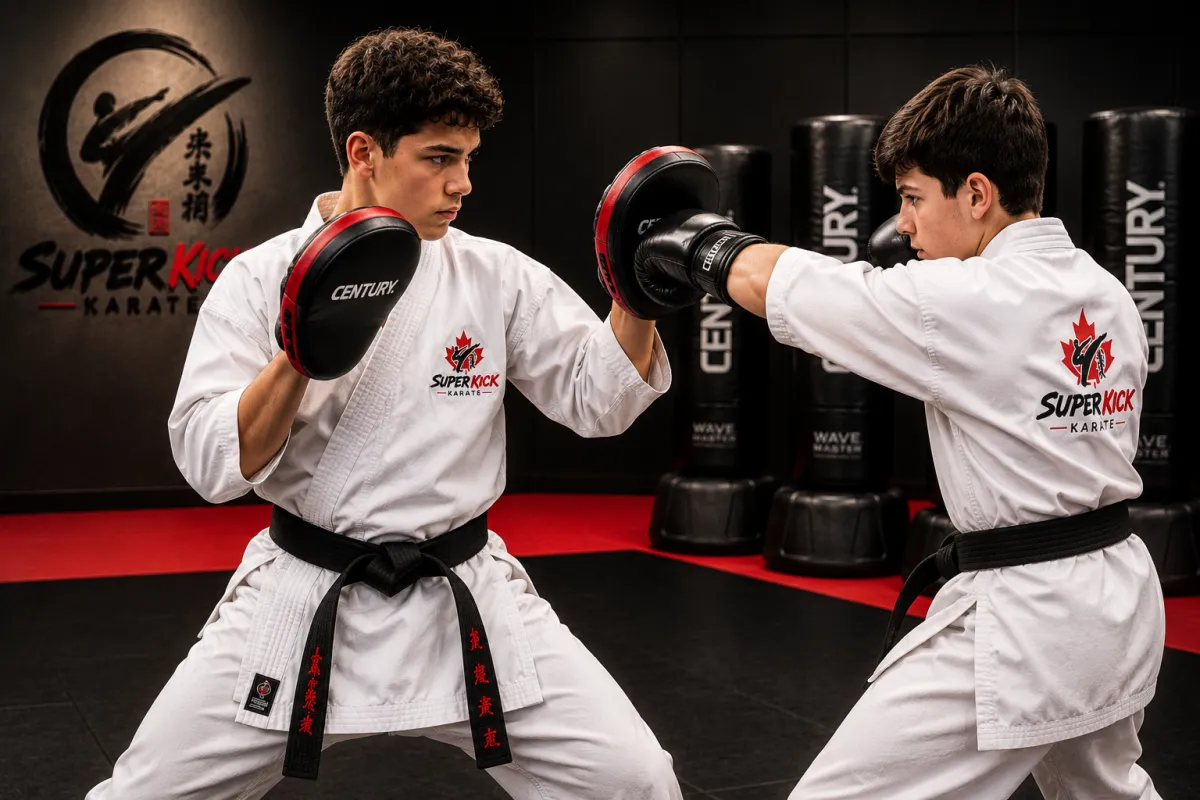Teenagers training in karate class