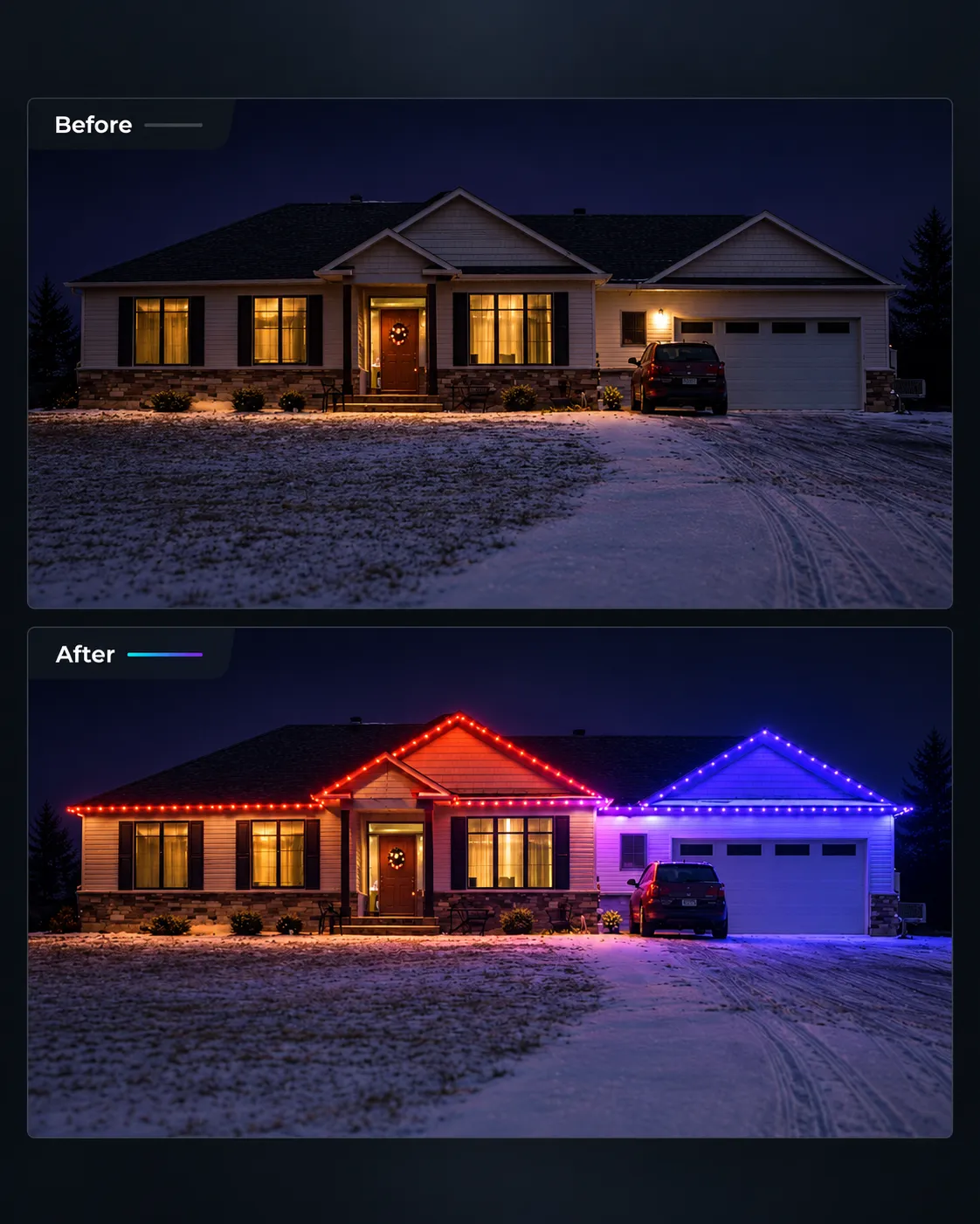 Before and after lighting visualization of a bungalow with red and purple roofline lights