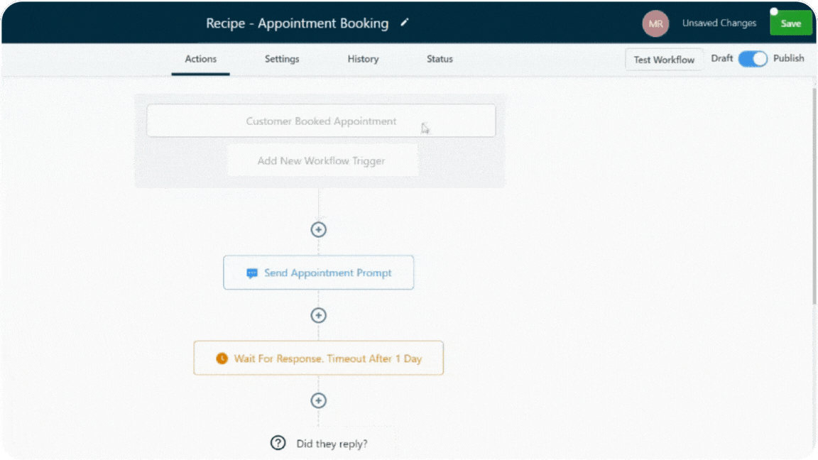 Workflow automation interface illustrating appointment booking steps with action blocks and scheduling options | PowerSystemsAI
