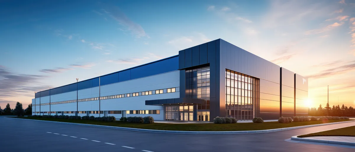 Modern Class A industrial warehouse building at sunset