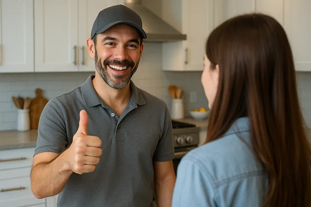 Plumbing talking to woman in kitchen. 