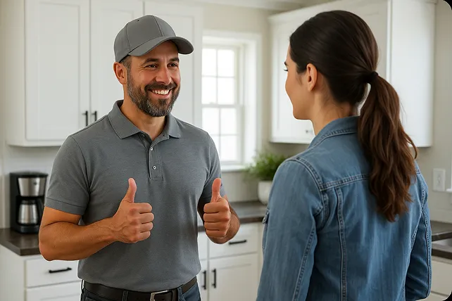 Plumbing talking to woman in kitchen. 