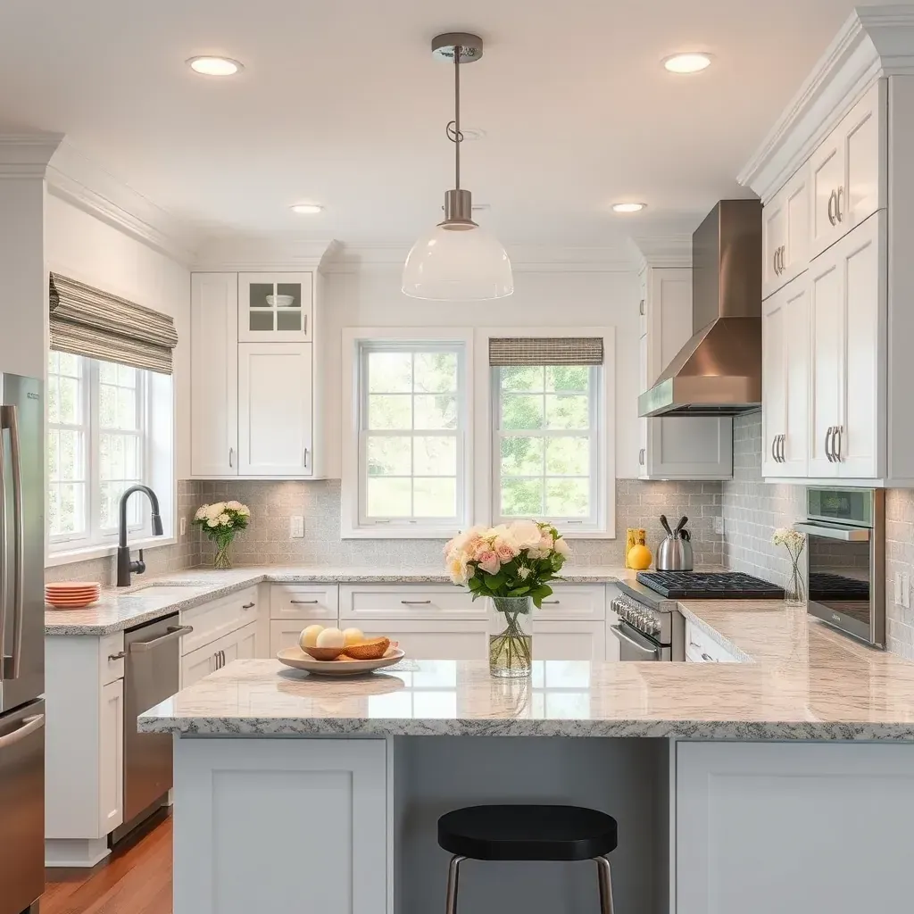 Modern kitchen remodel in Chamberlayne, VA featuring white cabinets, a marble island, stainless steel appliances, and natural light.