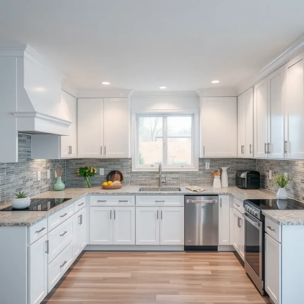 Modern kitchen in Mechanicsville, VA featuring quartz countertops, white cabinets, hardwood floors, and sleek appliances.