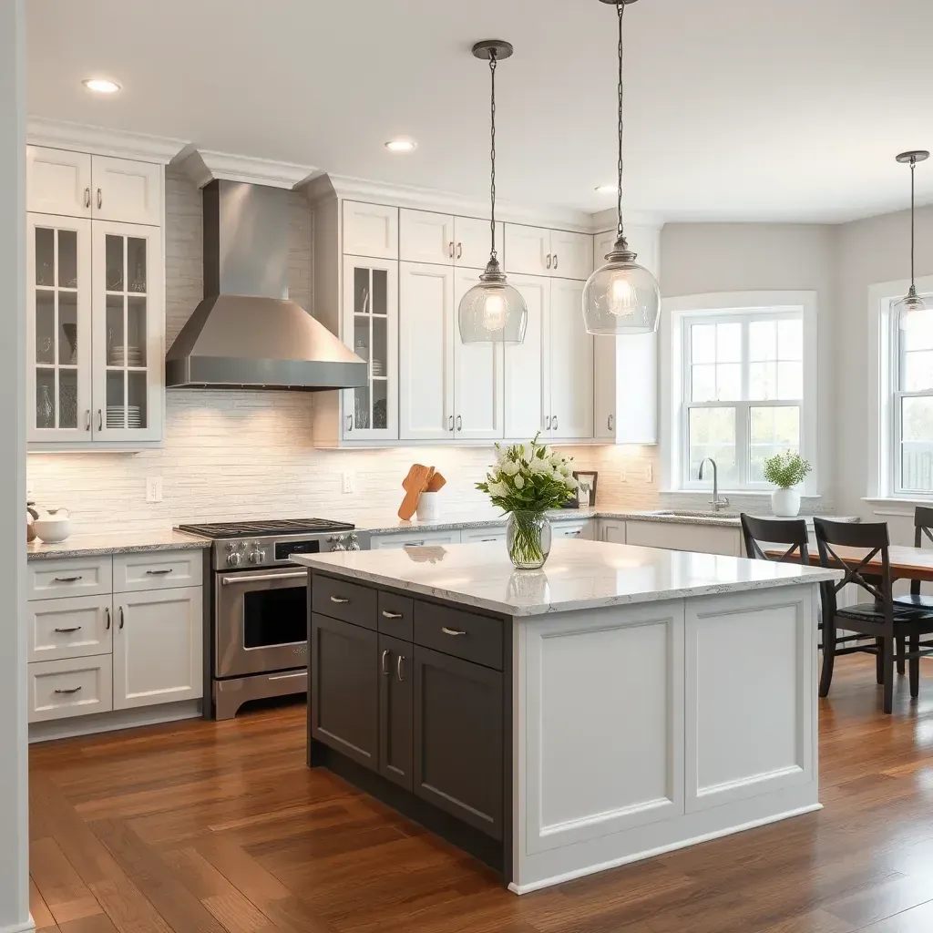 Modern, open-concept kitchen in Bellwood, VA, with white quartz countertops, gray cabinets, stainless appliances, and natural light.