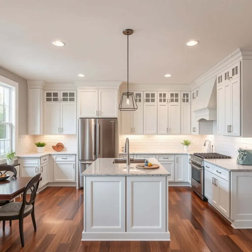 Modern Tuckahoe kitchen with sleek cabinetry, quartz countertops, stainless steel appliances, a large island, and hardwood floors.