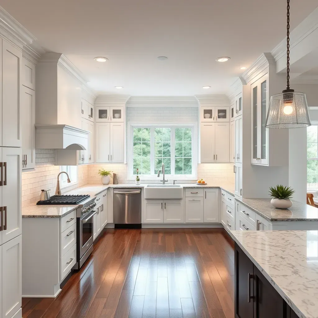 Remodeled Westchester, VA kitchen with white shaker cabinets, granite countertops, island, stainless steel appliances, and hardwood floors.