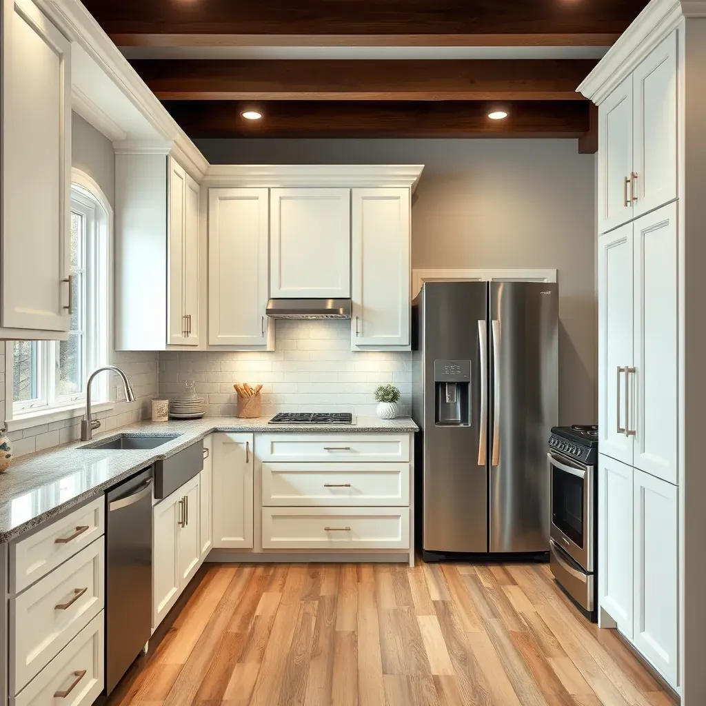 Modern Brandermill, VA kitchen with white and oak cabinets, quartz countertops, stainless steel appliances, hardwood floors, and natural light.