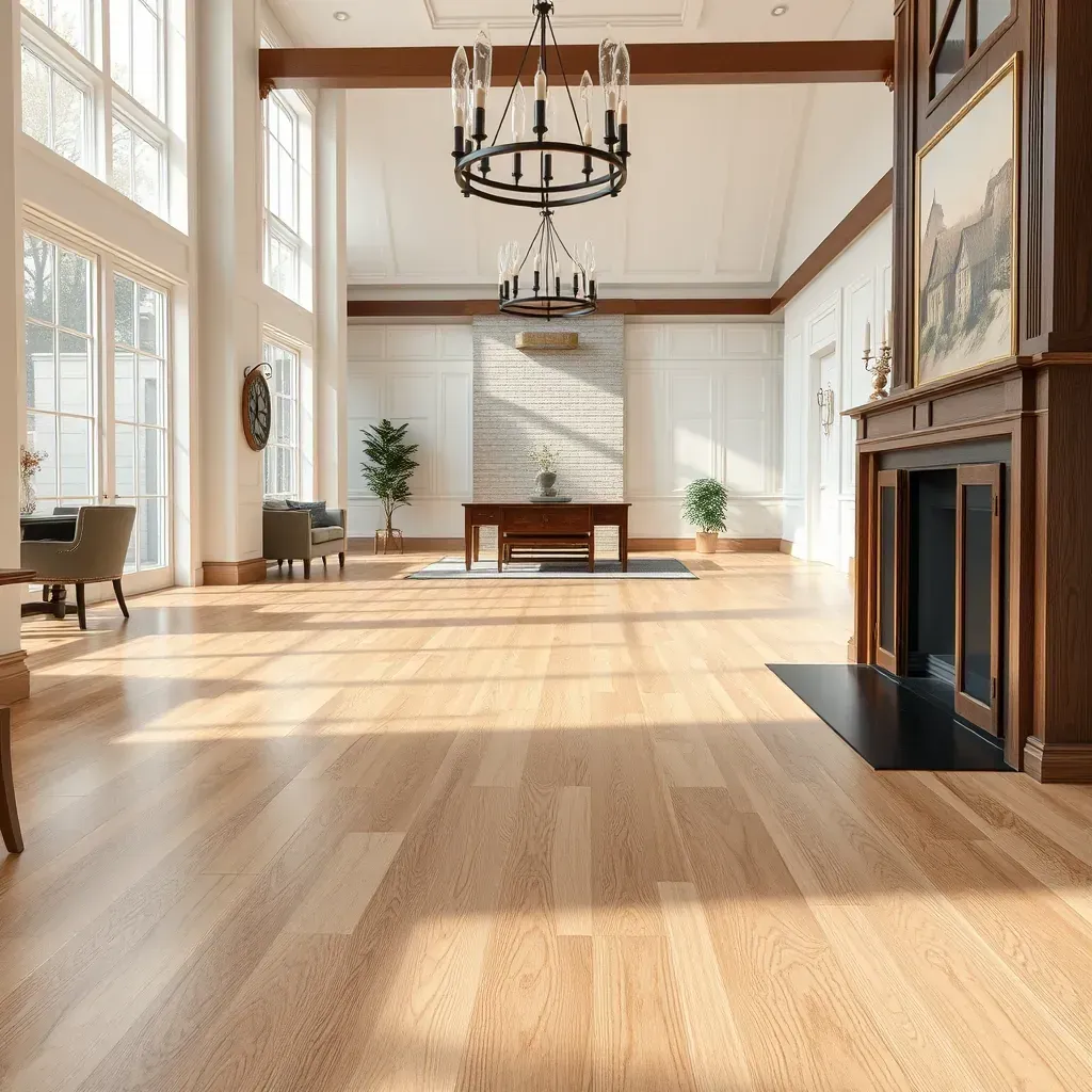 Close-up of rich oak hardwood flooring with natural grain, warm tones, and subtle knots in a modern Richmond, VA home.