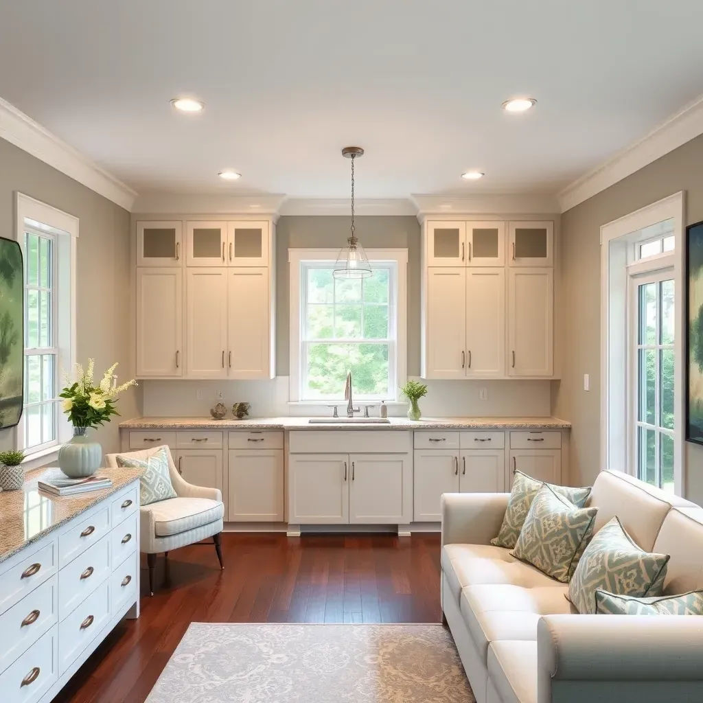 Remodeling modern home in Magnolia Green, VA, featuring new siding, large windows, scaffolding, landscaped yard, and lush trees.