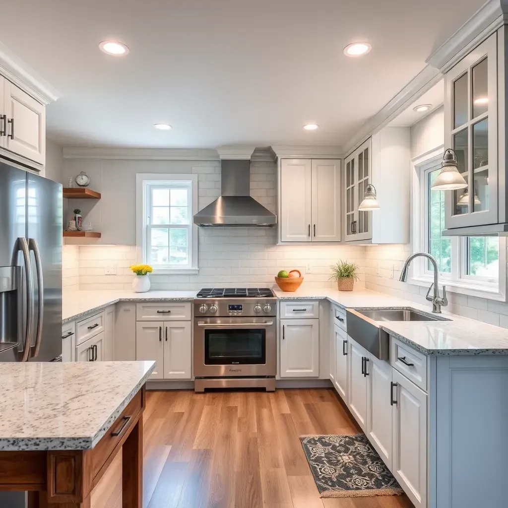 Modern Richmond kitchen with white cabinets, quartz countertops, stainless appliances, hardwood floors, and natural light.