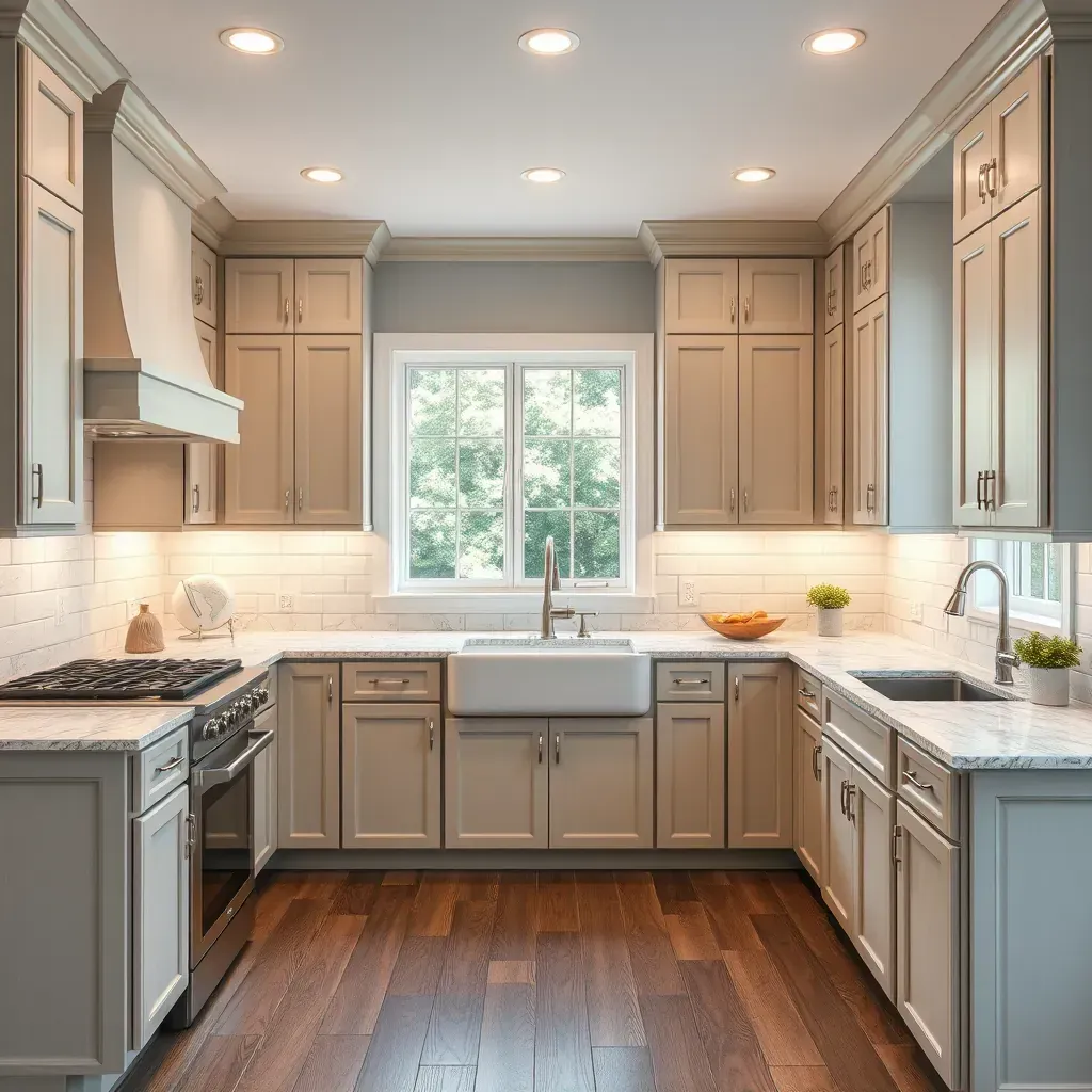 Modern Stony Point kitchen with wood cabinets, quartz countertops, stainless appliances, and a scenic, natural light-filled view.