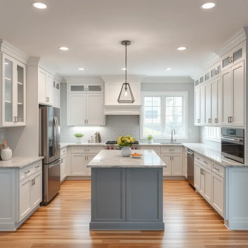 Modern Lakeside, VA kitchen with white cabinetry, quartz countertops, stainless appliances, large windows, hardwood floors.