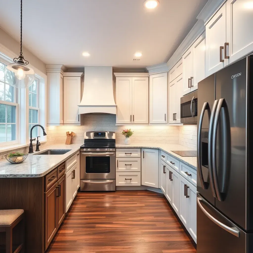Modern Bensley, VA kitchen with white quartz counters, stainless appliances, wood cabinets, and ample natural light.