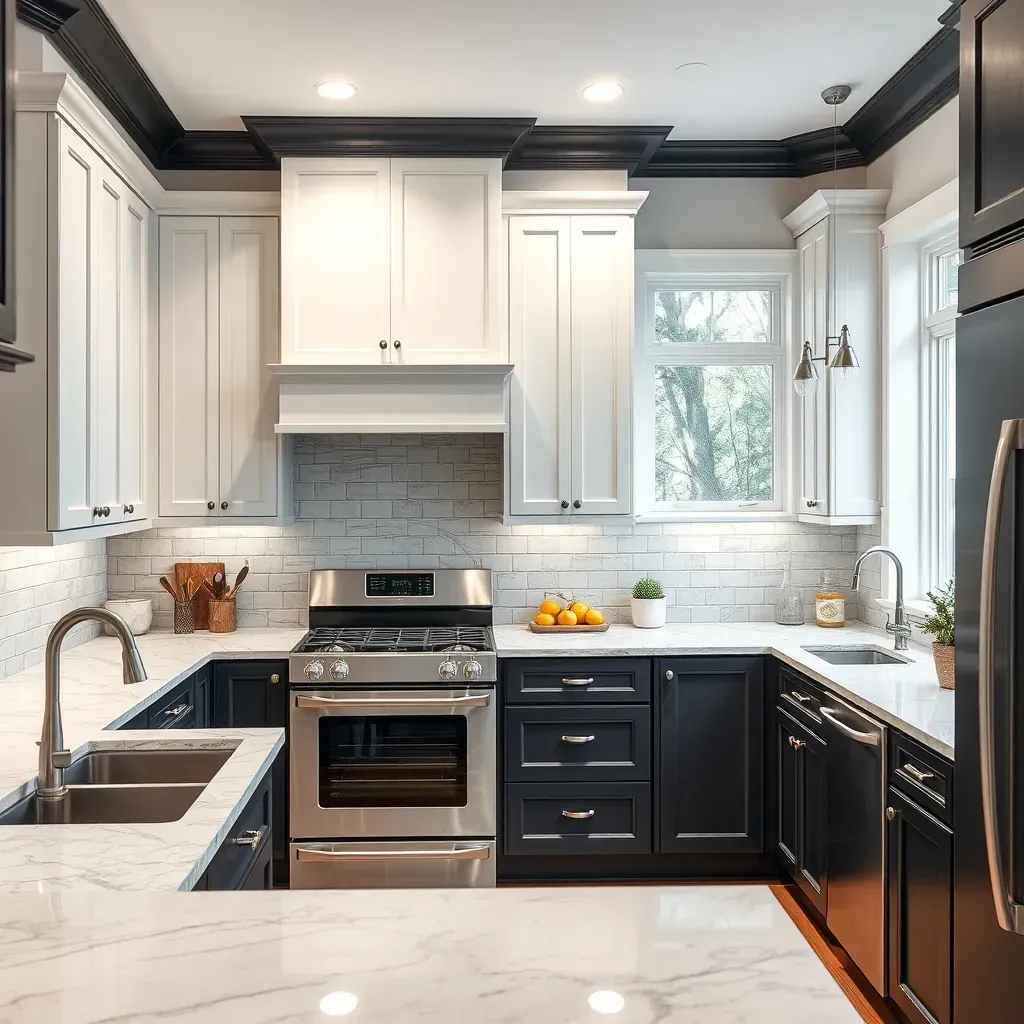 Spacious renovated kitchen in The Fan District, VA with white quartz countertops, dark hardwood floors, and vintage trims.