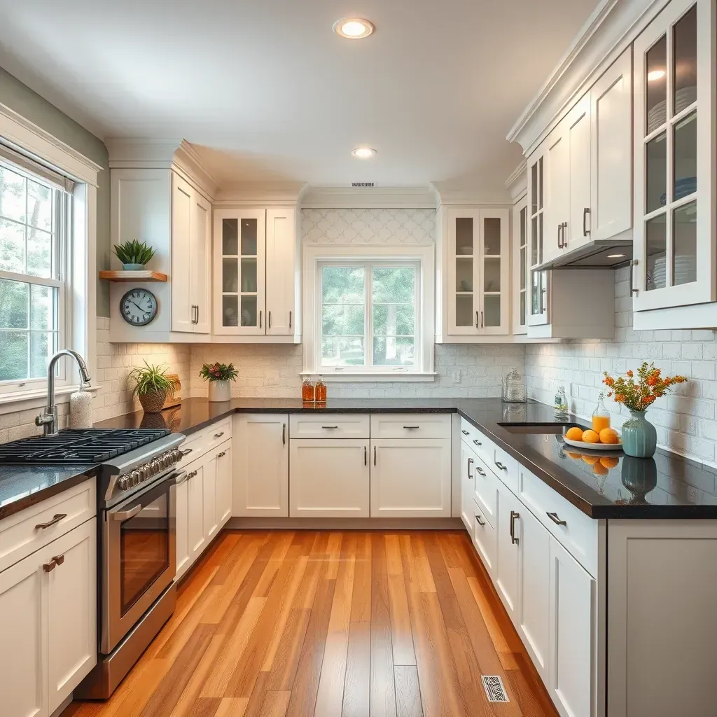 Modern Wyndham, VA kitchen with quartz island, warm wood cabinets, stainless appliances, & scenic natural light.
