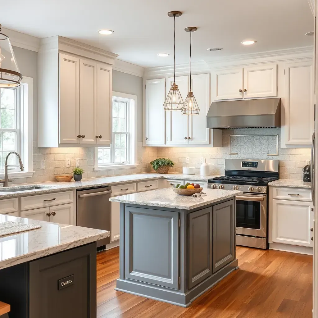 Contemporary kitchen in Wyndham, VA with sleek cabinets, quartz countertops, large island, modern appliances, and abundant natural light.