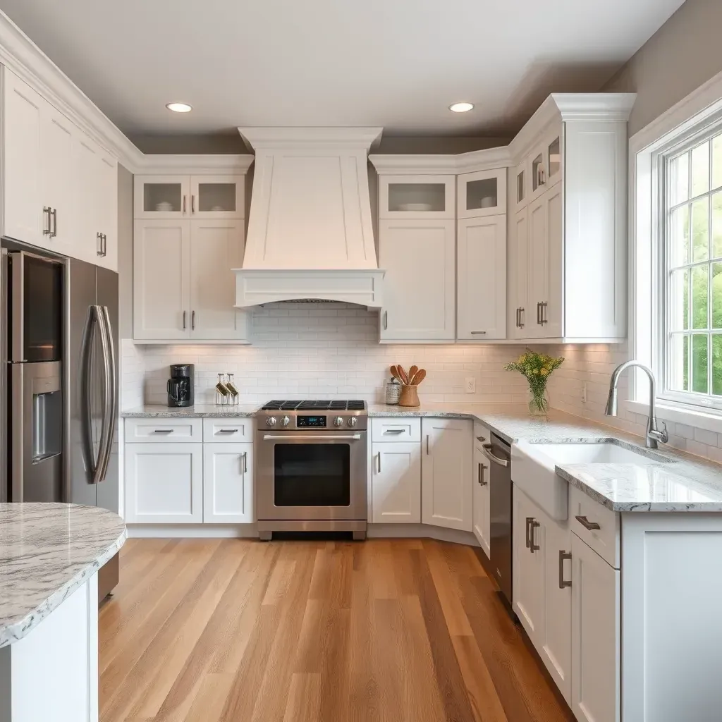 Modern Stratford Hills, VA kitchen with sleek gray cabinets, white quartz countertops, a central island, stainless steel appliances, and abundant natural light.