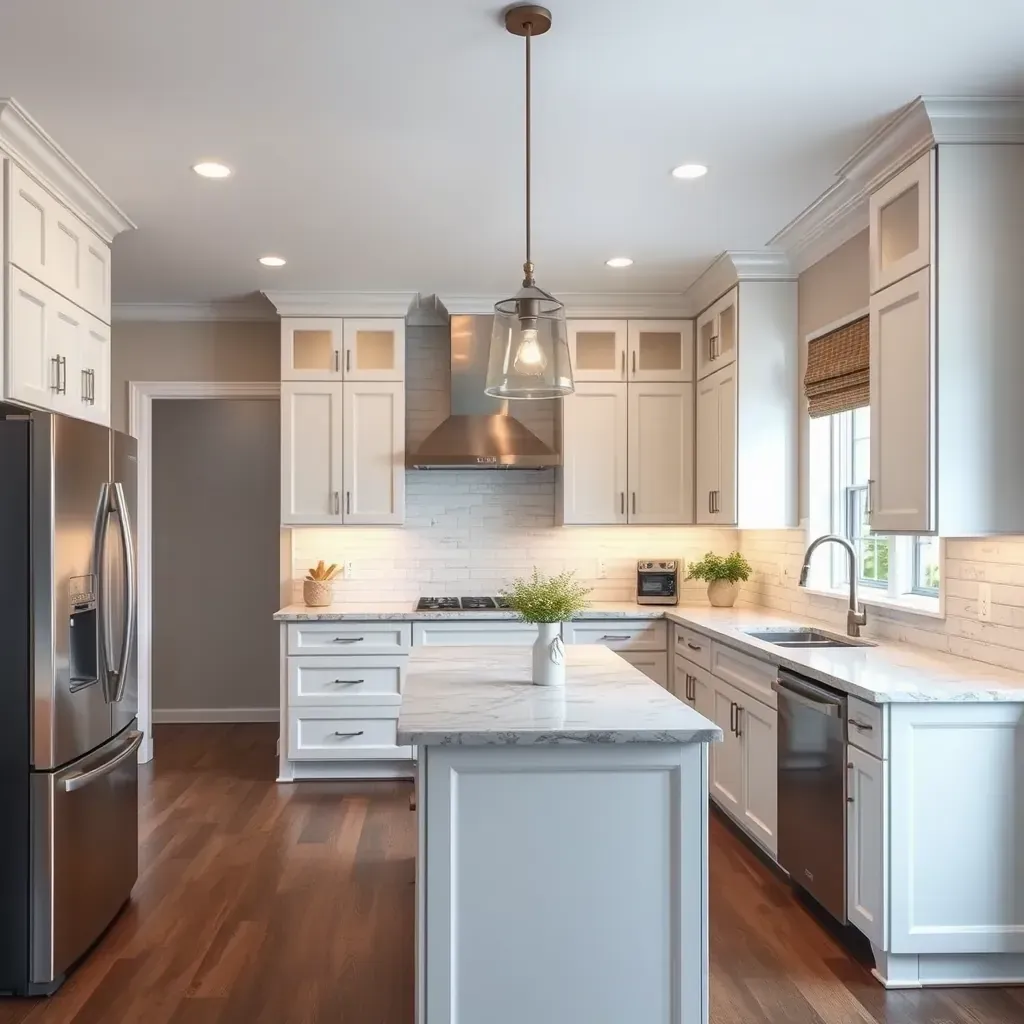 Modern South Richmond kitchen with white quartz countertops, gray shaker cabinets, stainless appliances, and lush greenery view.