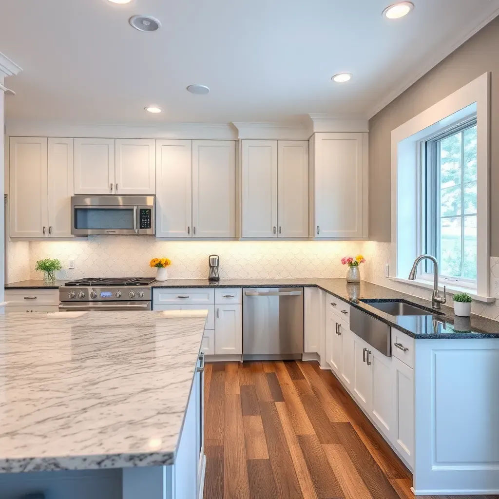 Modern Chesterfield kitchen with white cabinets, quartz countertops, farmhouse sink, stainless appliances, and hardwood floors.