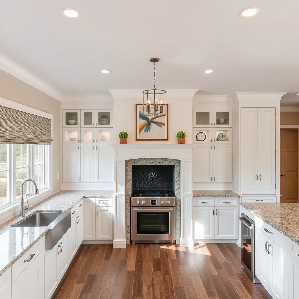 Spacious Mechanicsville, VA home interior featuring a modern kitchen with granite countertops, wood cabinets, stainless appliances, and sunlight.