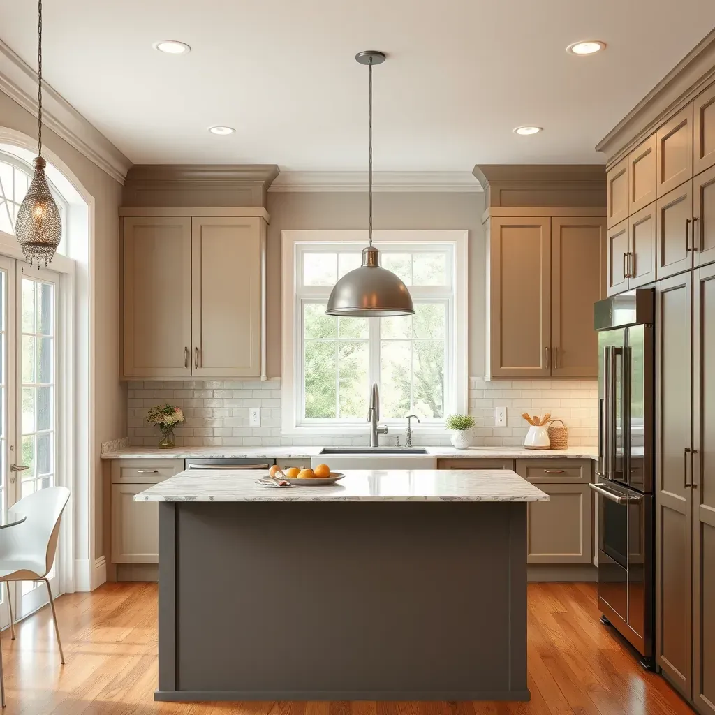 Modern Windsor Hills, VA kitchen remodel featuring warm neutral tones, granite countertops, stainless appliances, and natural light.
