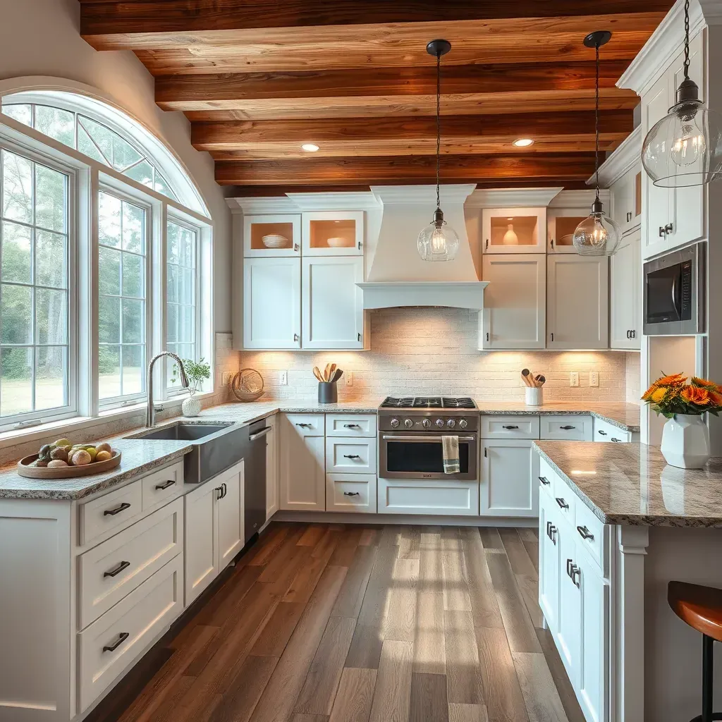 Modern Moseley, VA kitchen with white cabinets, granite countertops, stainless steel appliances, and hardwood floors.