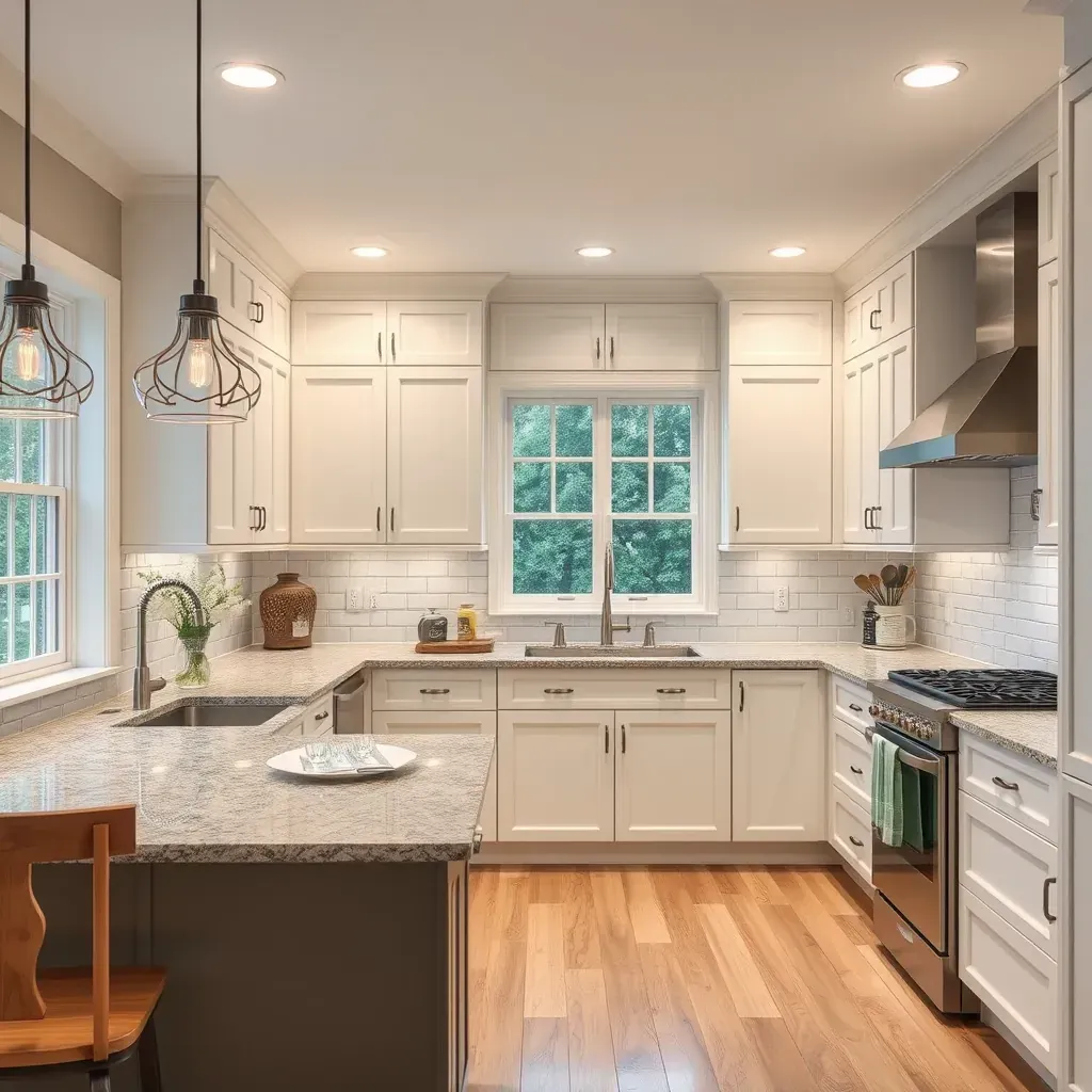 Modern Westchester, VA kitchen featuring white quartz countertops, sage green cabinets, stainless steel appliances, and abundant natural light.