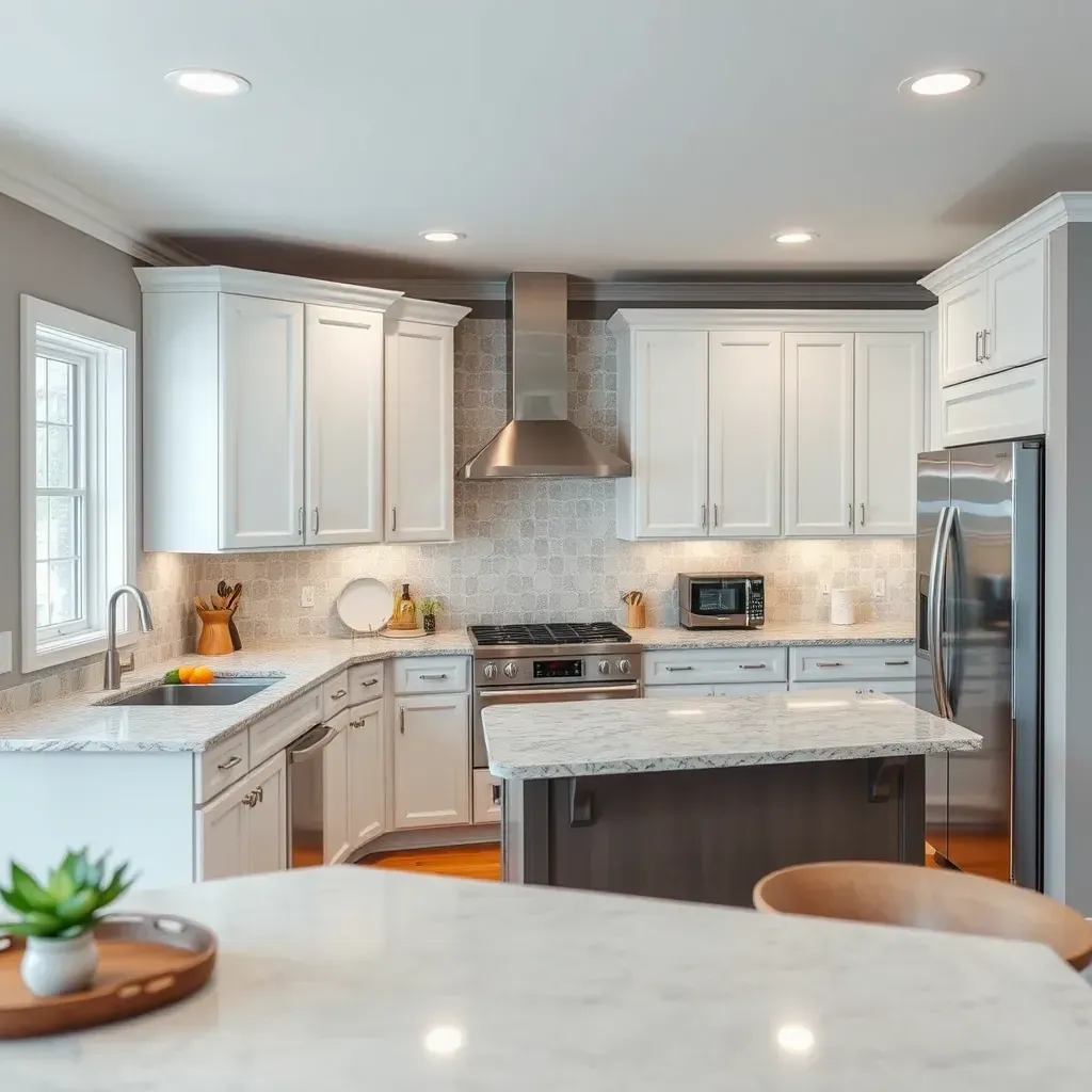 Modern Moseley kitchen with granite countertops, stainless steel appliances, custom wood cabinets, hardwood floors, and natural sunlight.