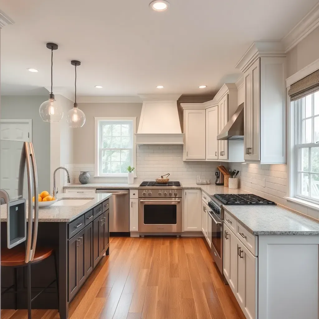 Modern Brandermill, VA kitchen featuring neutral tones, custom cabinetry, stainless appliances, hardwood floors, and stylish lighting.
