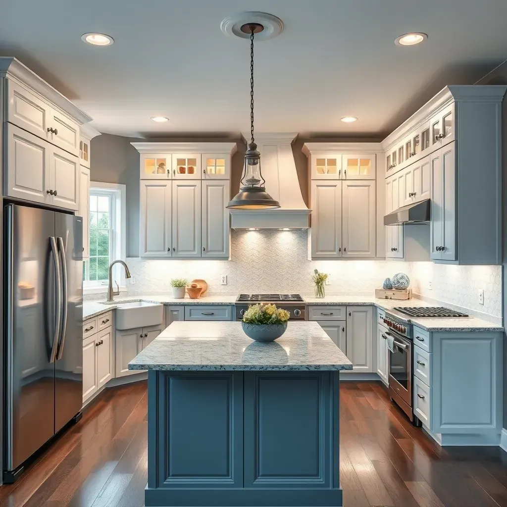 Remodeled kitchen in Varina, VA with gray cabinets, quartz countertops, white subway tile backsplash, stainless steel appliances.