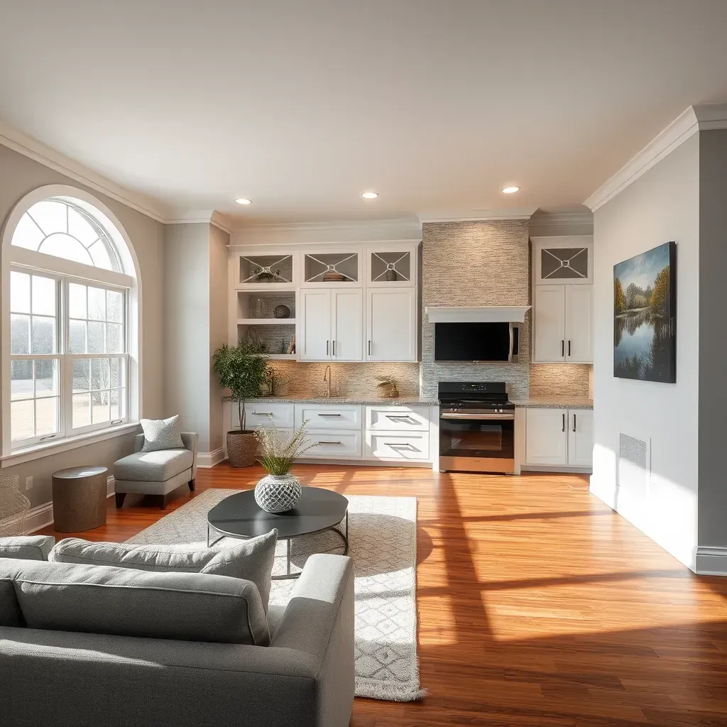 Remodeling scene in Richmond, VA showing a brick home, construction tools, wooden beams, historic trees, and city skyline.