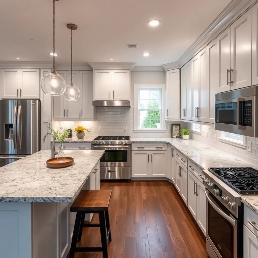 Modern farmhouse kitchen in Henrico, VA with sleek cabinetry, marble island, stainless appliances, and picturesque outdoor views.
