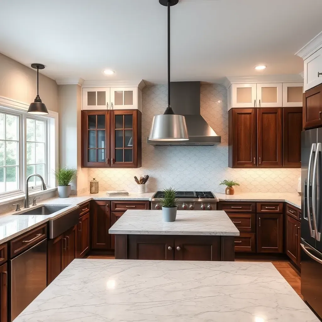Spacious kitchen in Stony Point, VA with rustic-modern wood cabinets, quartz countertops, stainless appliances, and hardwood floors.