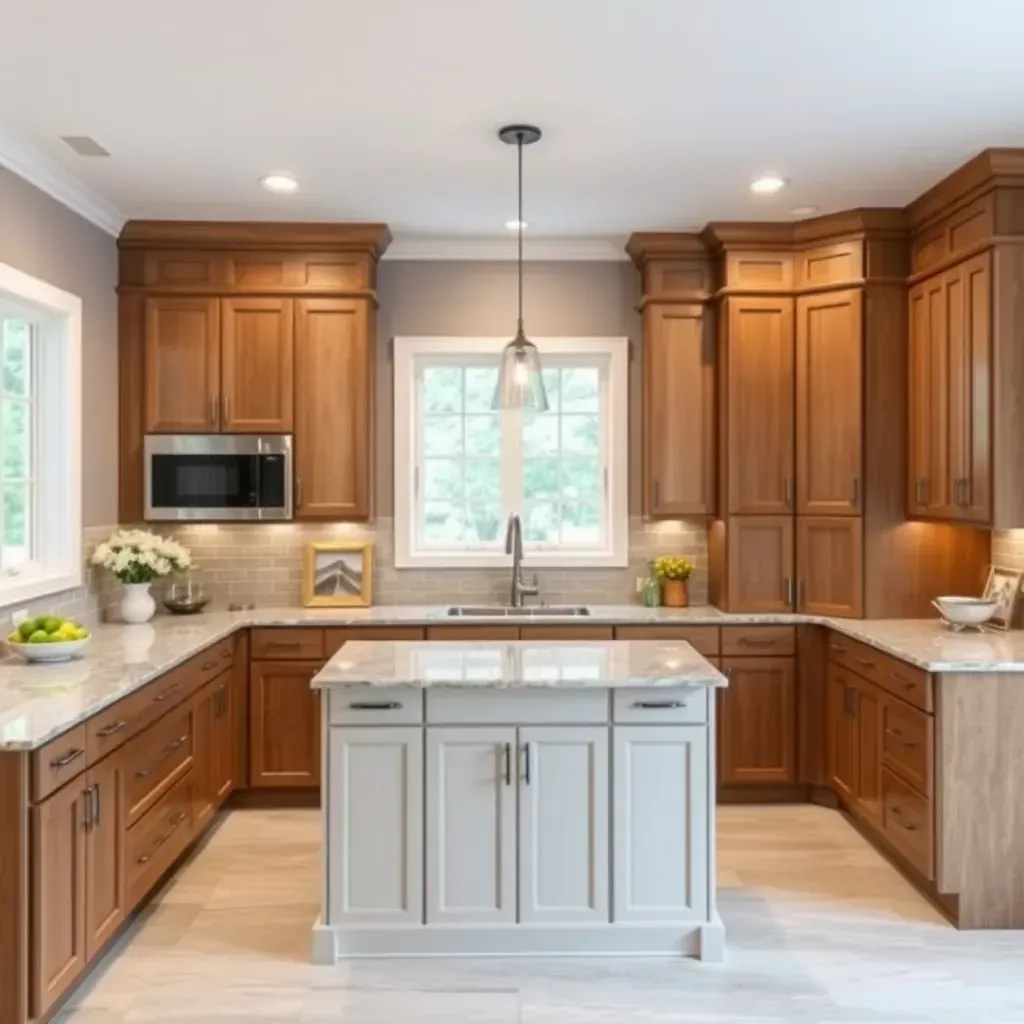 Modern Cottrell Farms kitchen with quartz countertops, shaker cabinets, stainless appliances, island, and farmland views.