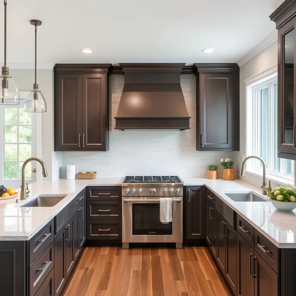 Award-winning Cottrell Farms kitchen renovation featuring custom wood cabinets, quartz island, modern appliances, and natural light.