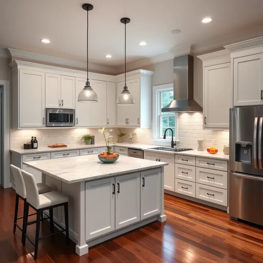 Modern Westchester, VA kitchen with taupe cabinets, quartz surfaces, subway tile backsplash, hardwood floors, and sleek appliances.