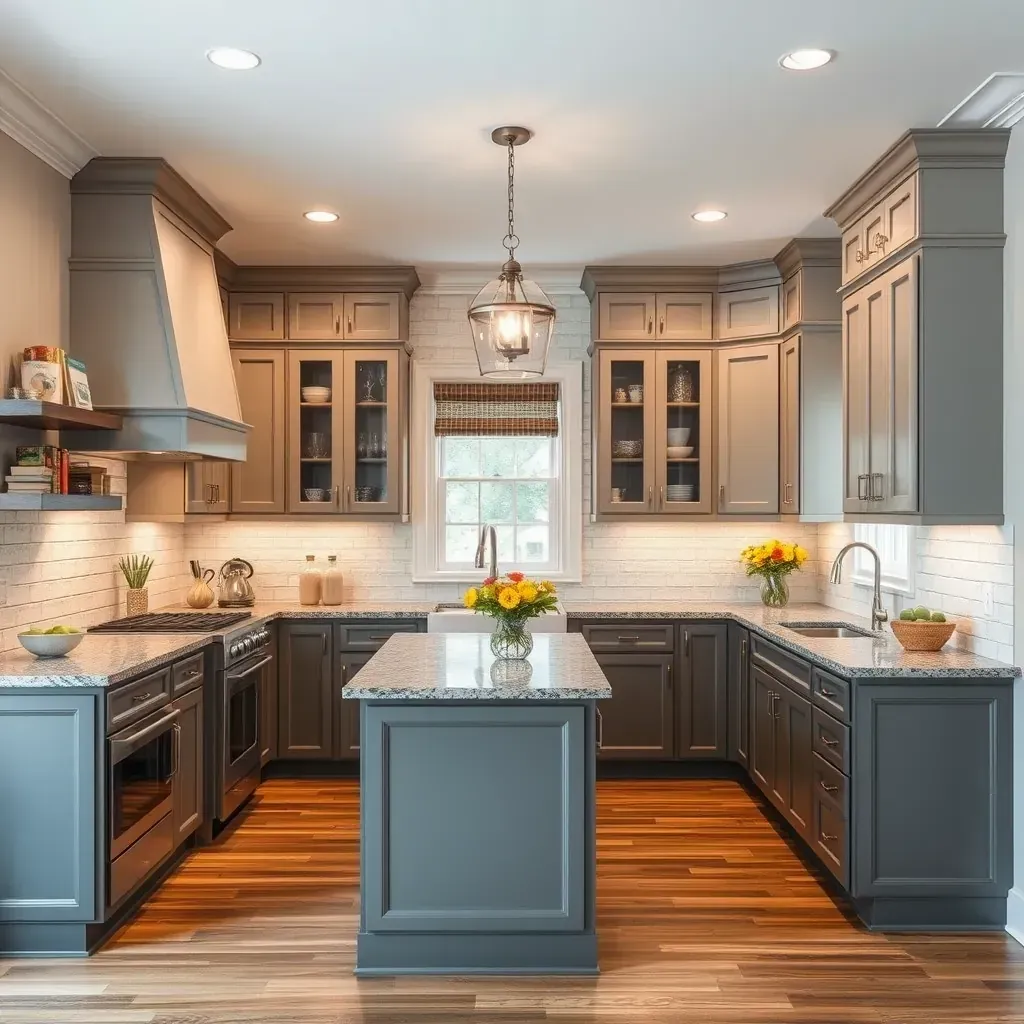 Modern Carytown kitchen with quartz countertops, gray cabinets, stainless appliances, island, subway tiles, hardwood floors.