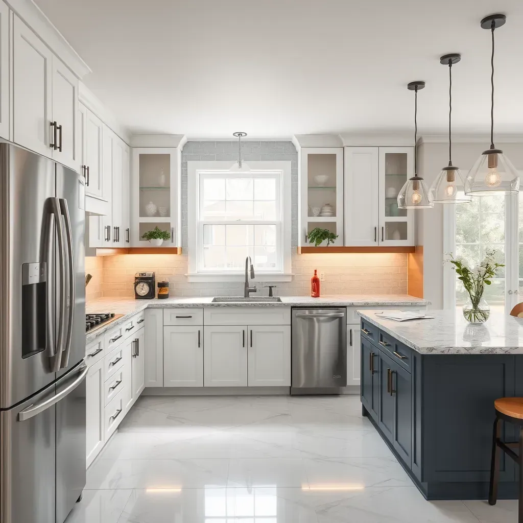 Modern Henrico kitchen with sleek cabinetry, quartz island, stainless steel appliances, and natural light.